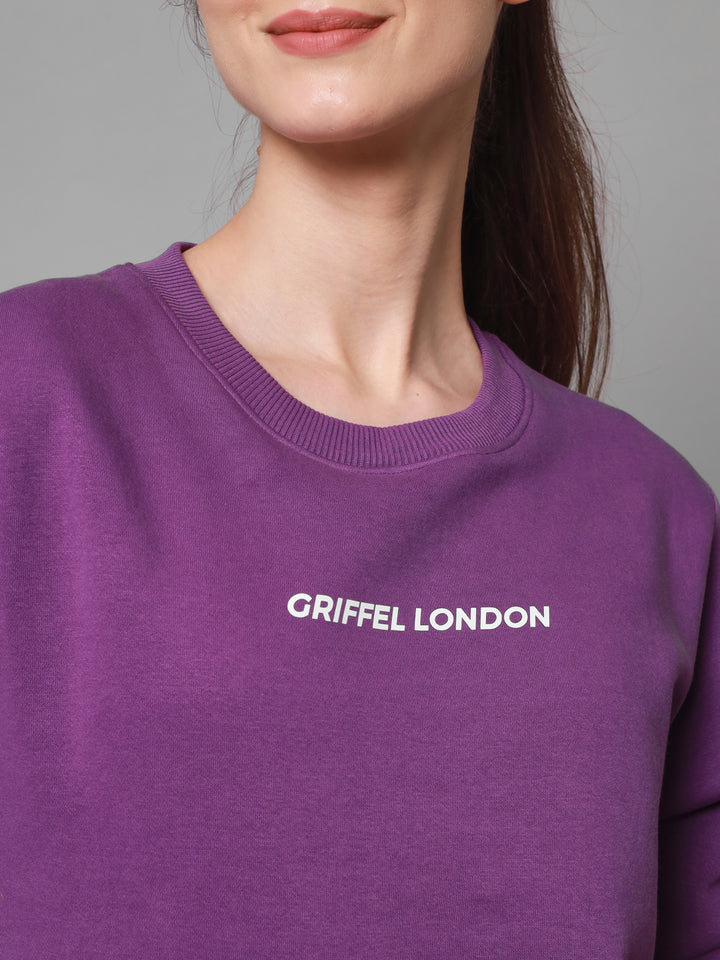 Griffel Women Solid Fleece Basic Round Neck Sweatshirt and Joggers Full set Dark Purple Tracksuit - griffel