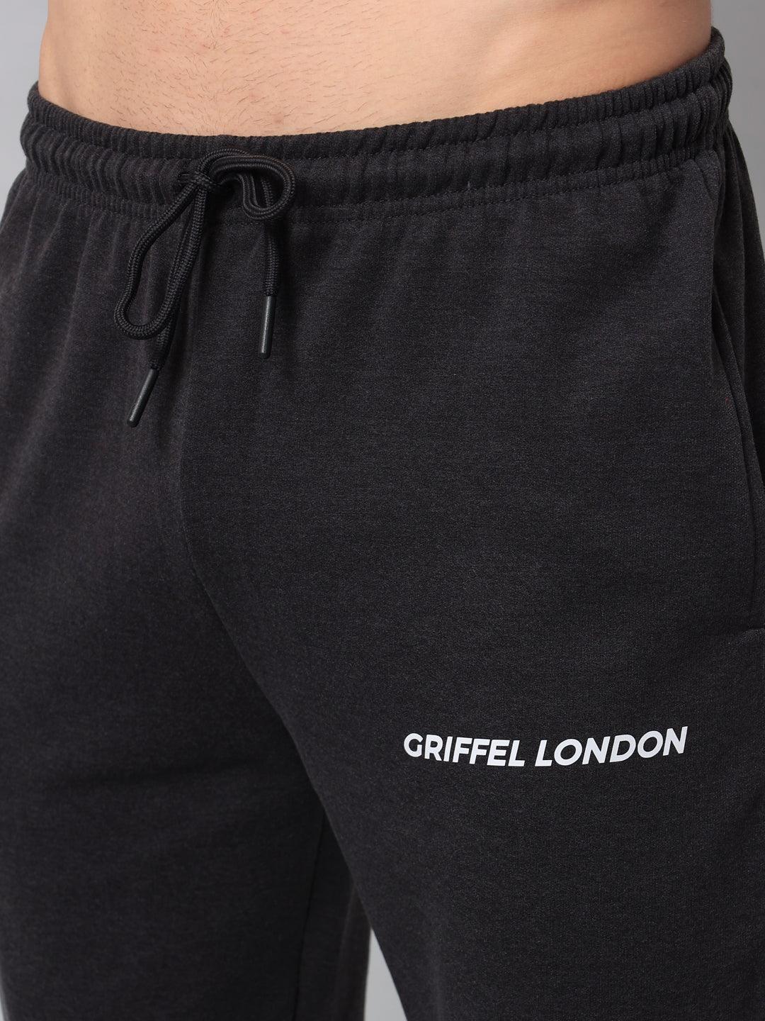 GRIFFEL Men Fleece Basic Solid Front Logo Anthra Trackpants - griffel