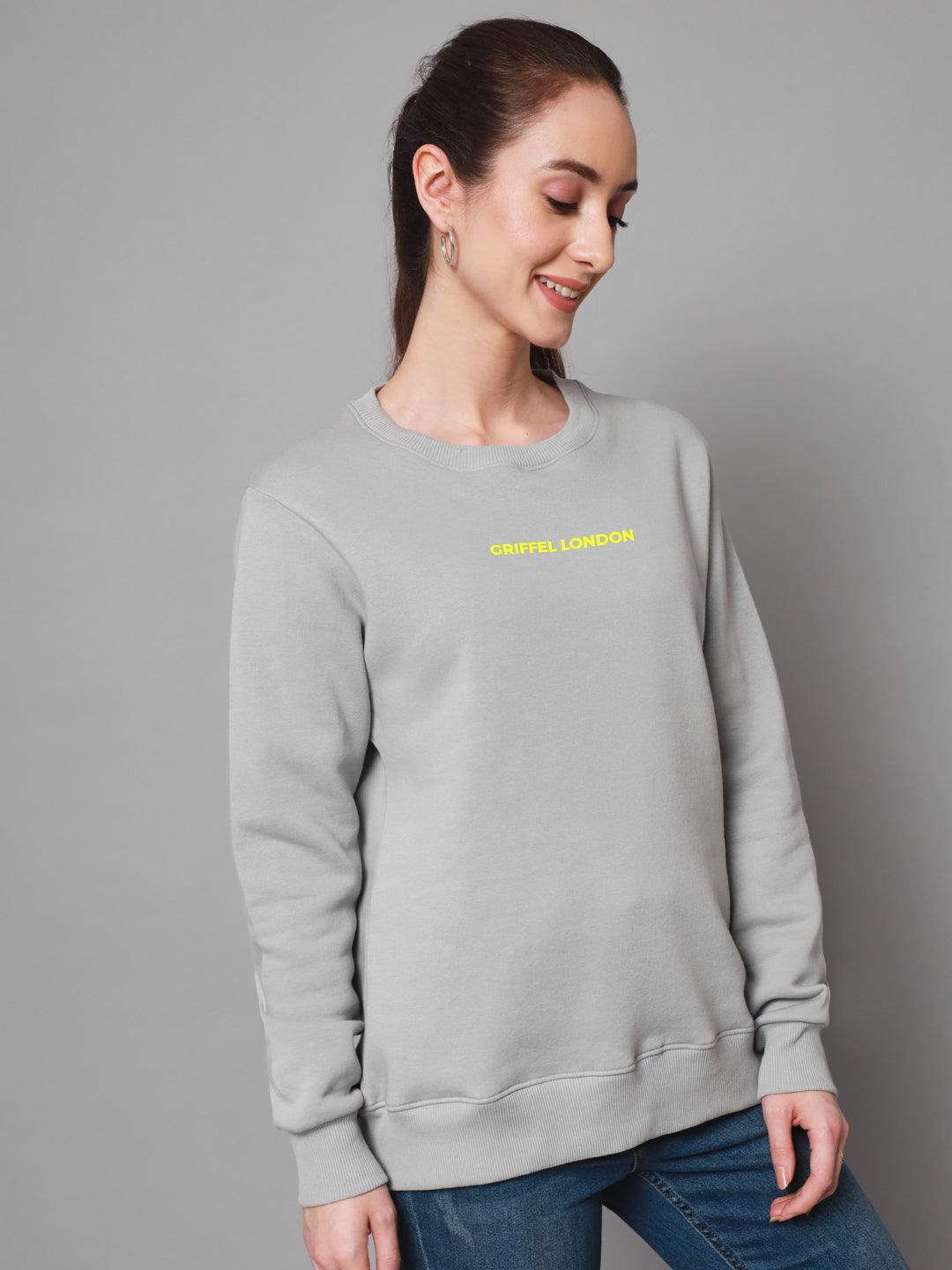 Griffel Women’s Printed Round Neck Steel Grey Cotton Fleece Full Sleeve Sweatshirt - griffel