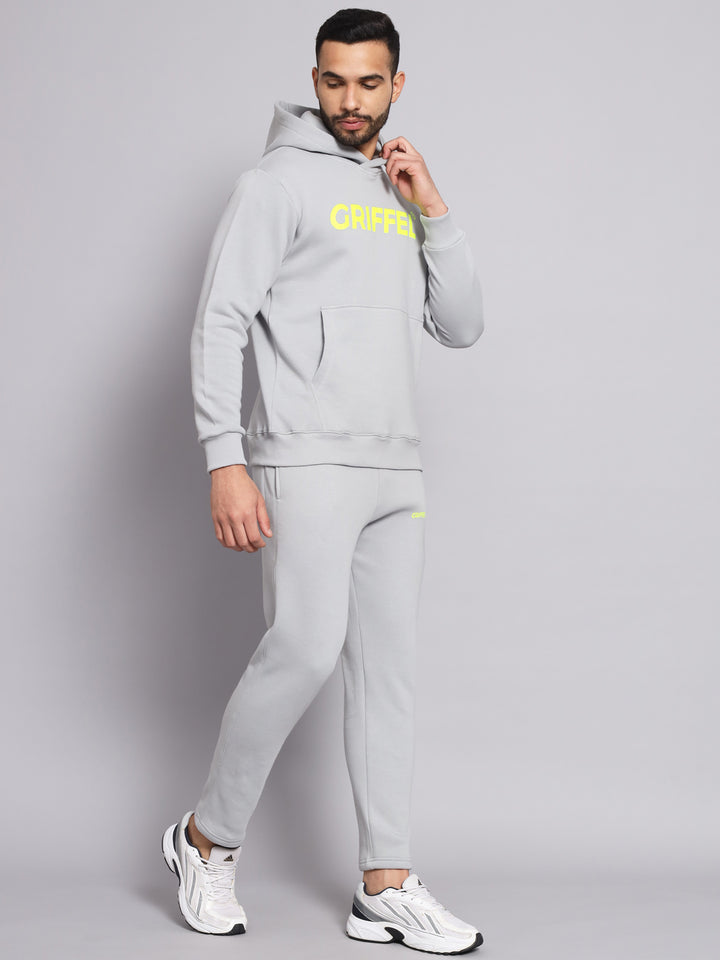 Griffel Men's Front Logo Solid Fleece Basic Hoodie and Joggers Full set Steel Grey Tracksuit - griffel