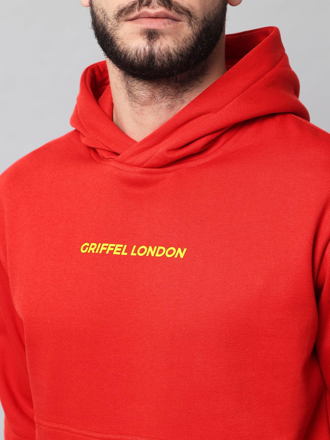 Griffel Men's Red Cotton Front Logo Fleece Hoody Sweatshirt with Full Sleeve - griffel