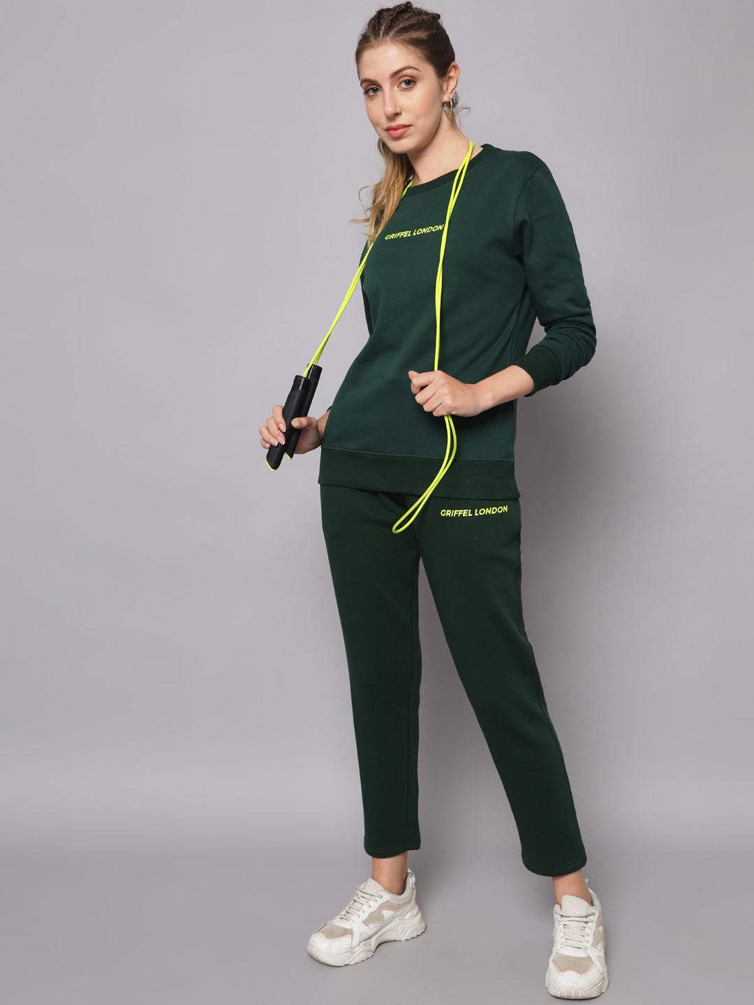 Griffel Women Solid Fleece Basic Round Neck Sweatshirt and Joggers Full set Bottle Green Tracksuit - griffel