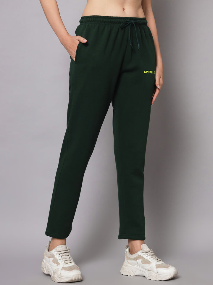 Griffel Women’s Front Logo Basic Solid Bottle Green Trackpant - griffel