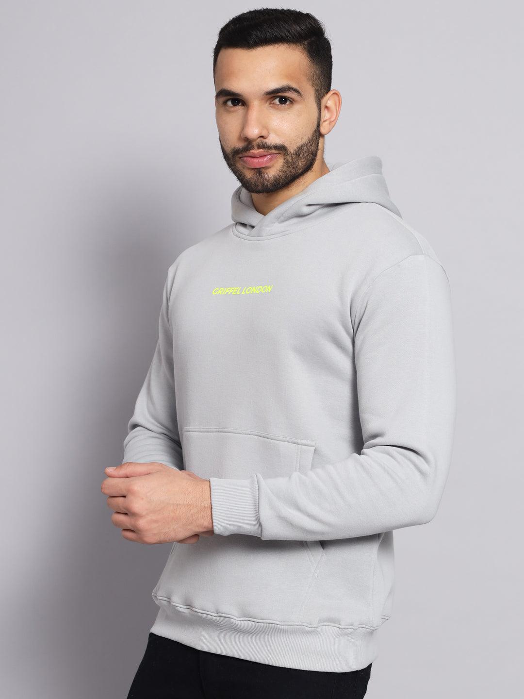 Griffel Men's Steel Grey Cotton Front Logo Fleece Hoody Sweatshirt with Full Sleeve - griffel