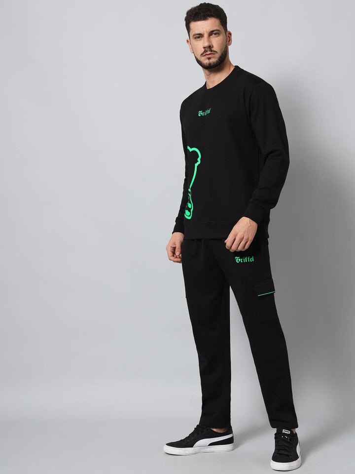 Griffel Men's Front Teddy Print Fleece Basic R-Neck Sweatshirt and Joggers Full set Green Black Tracksuit - griffel