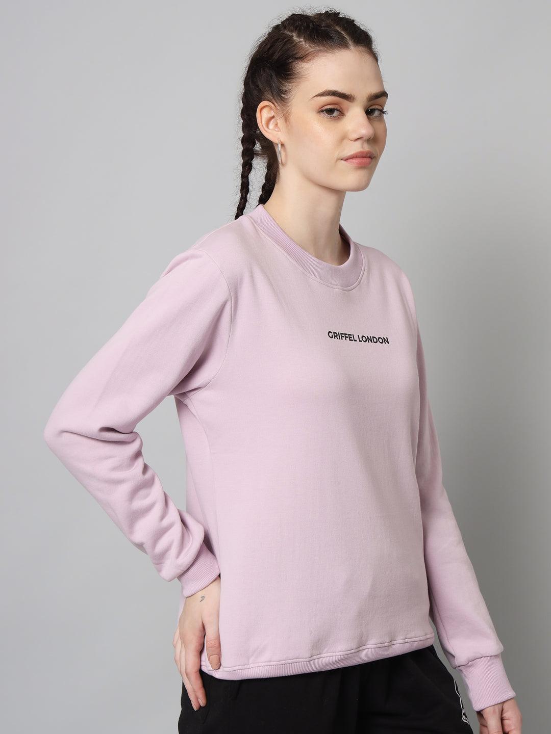 Griffel Women’s Printed Round Neck Light Purple Cotton Fleece Full Sleeve Sweatshirt - griffel