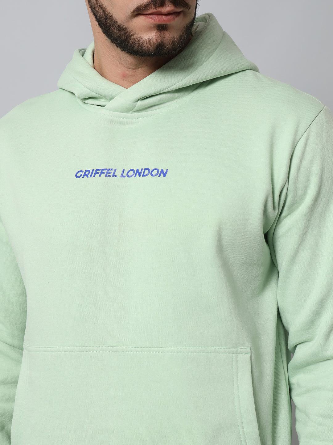 Griffel Men's Sea Green Cotton Front Logo Fleece Hoody Sweatshirt with Full Sleeve - griffel