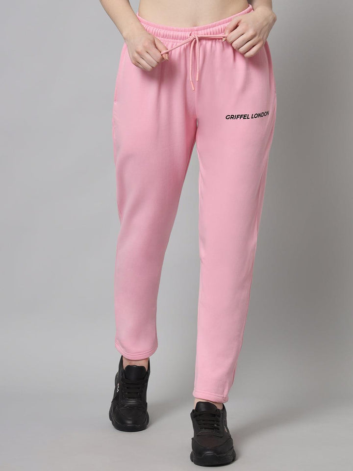 Griffel Women Solid Fleece Basic Round Neck Sweatshirt and Joggers Full set Pink Tracksuit - griffel