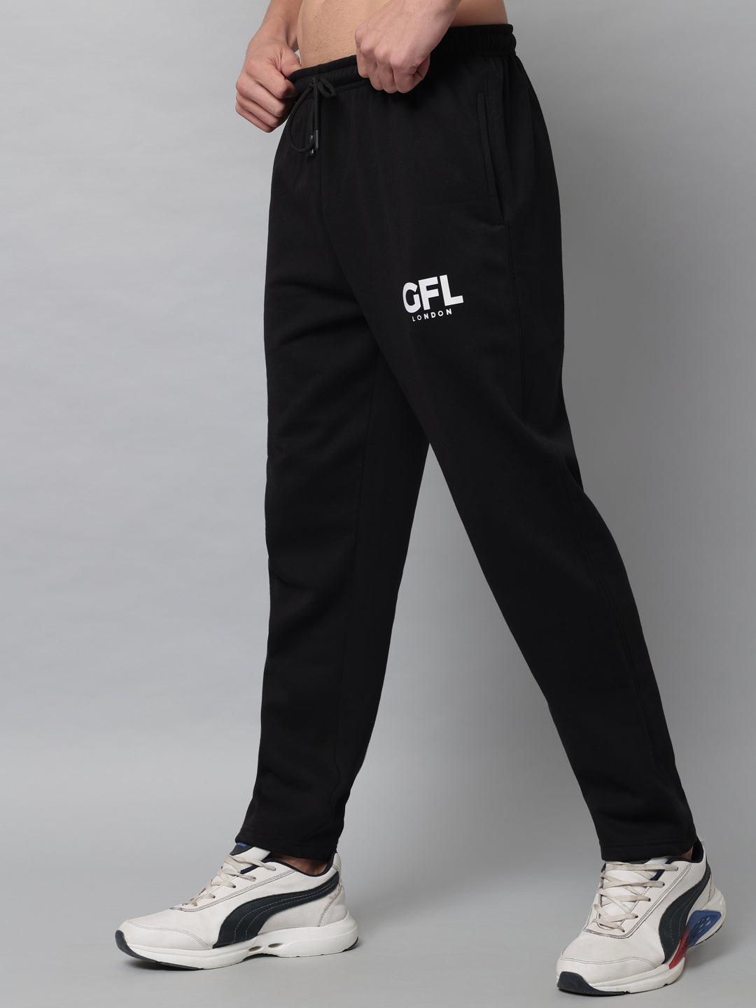 GRIFFEL Men Fleece Basic Solid Front Logo Black Trackpants - griffel