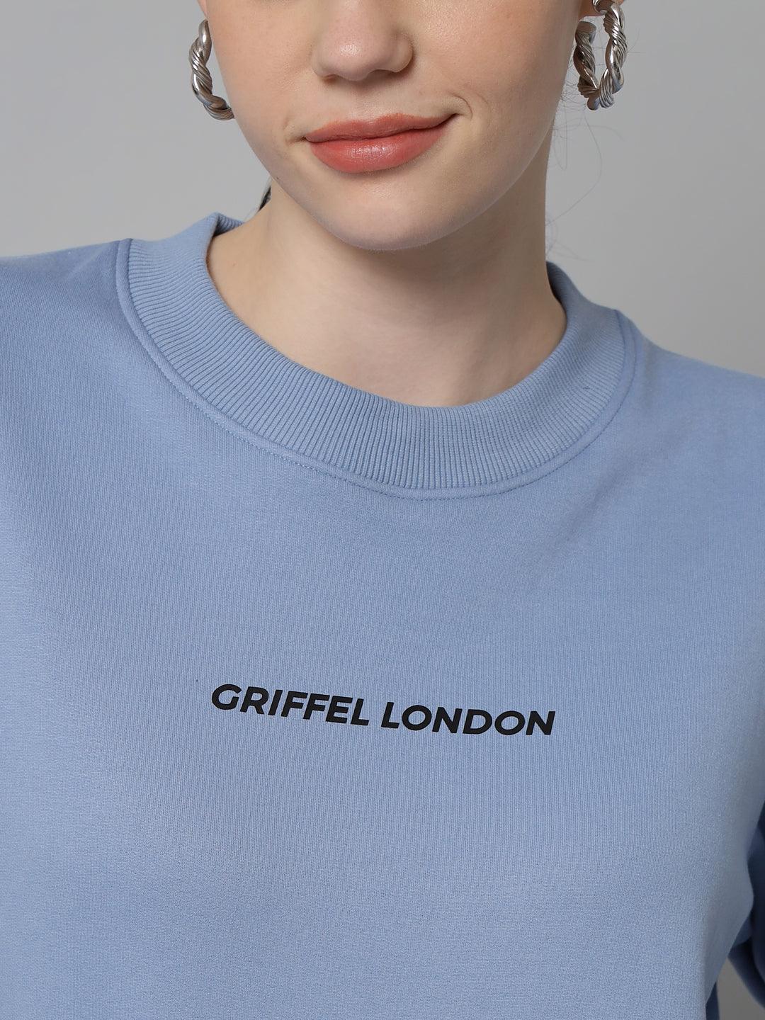 Griffel Women Solid Fleece Basic Round Neck Sweatshirt and Joggers Full set Sky Blue Tracksuit - griffel