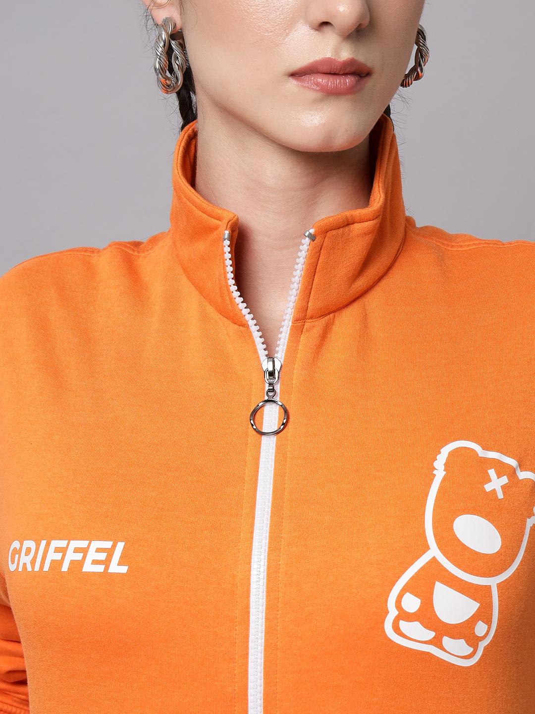 Griffel Women’s Cotton Fleece Full Sleeve Orange Zipper Color Blocked Sweatshirt - griffel