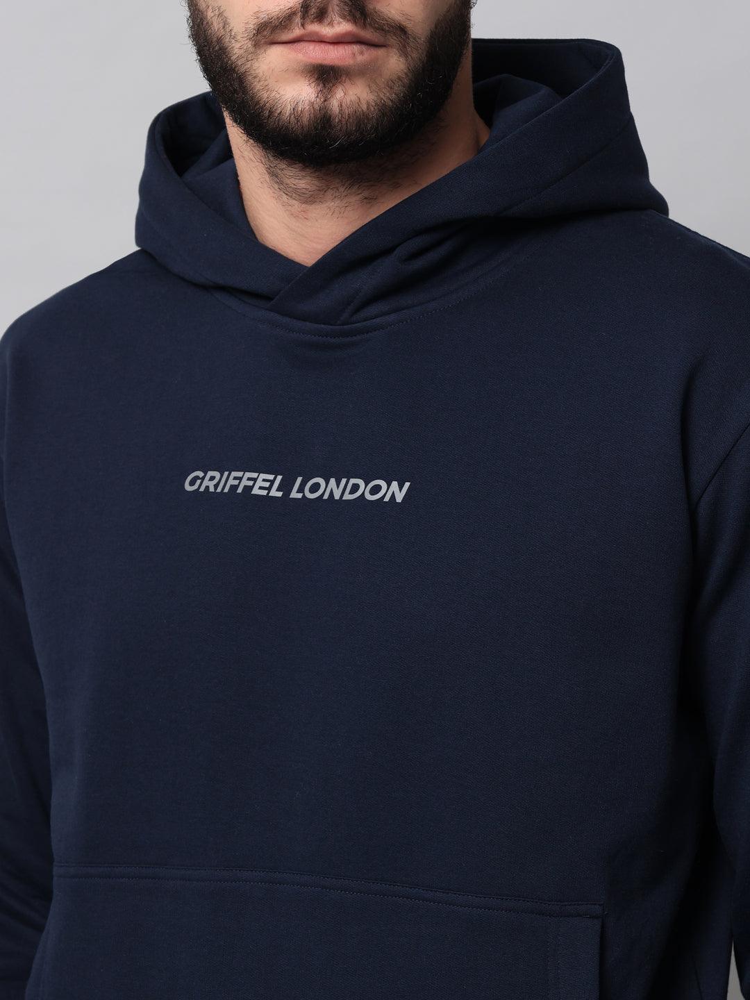 Griffel Men's Front Logo Solid Fleece Basic Hoodie and Joggers Full set Navy Tracksuit - griffel