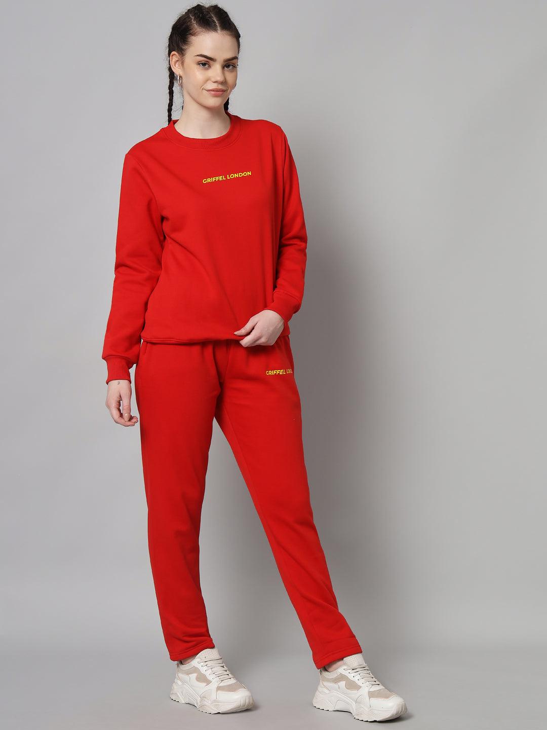 Griffel Women Solid Fleece Basic Round Neck Sweatshirt and Joggers Full set Red Tracksuit - griffel