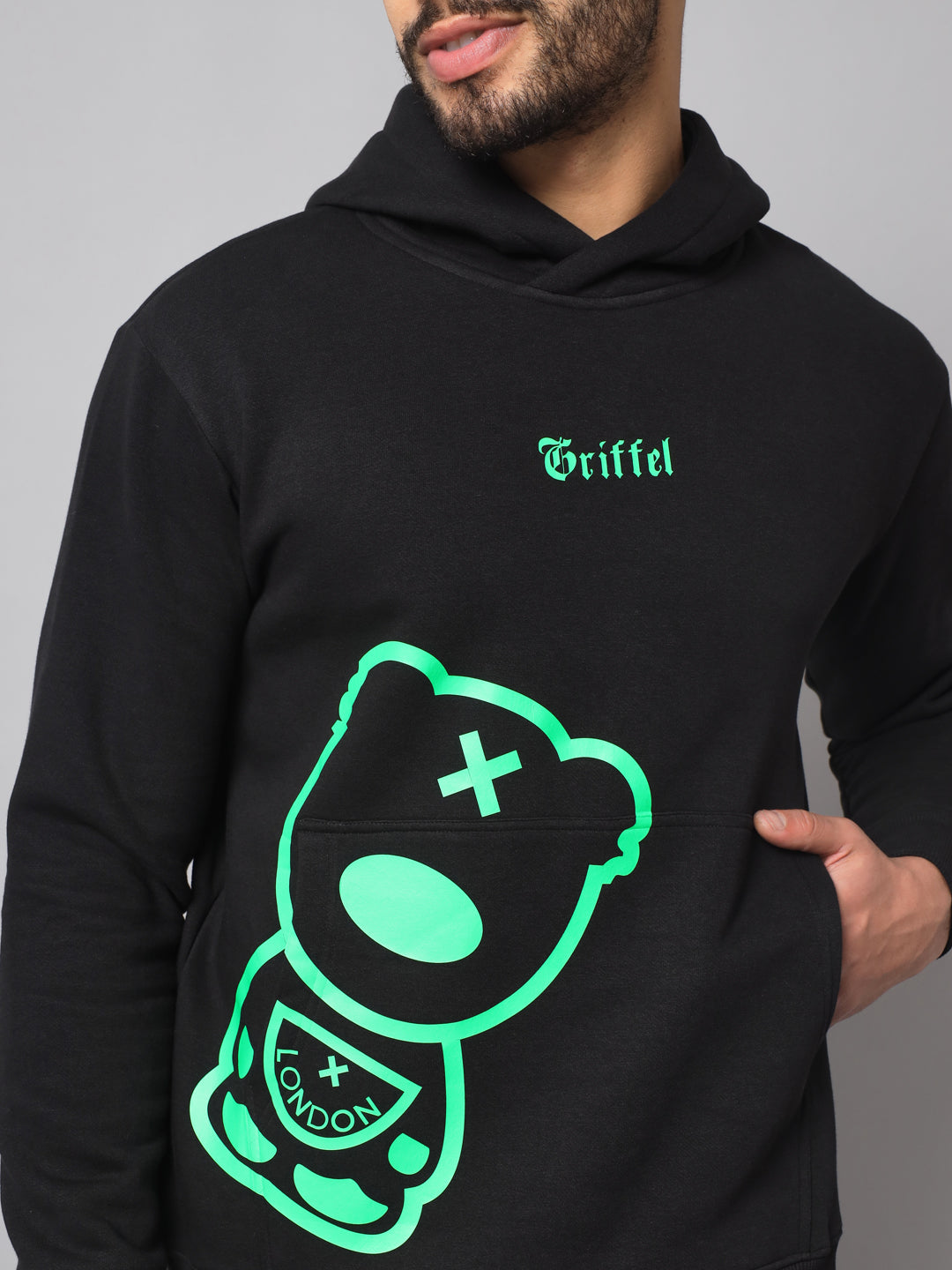 Griffel Men's Black Green Cotton Front Logo Fleece Hoody Sweatshirt with Full Sleeve - griffel