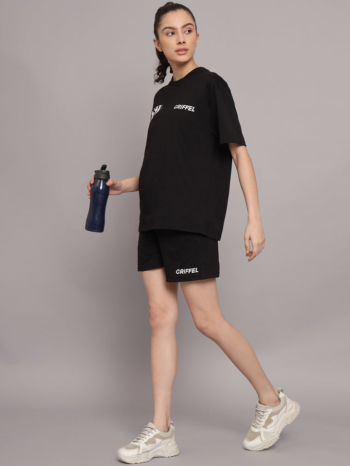 GRIFFEL Women Placement Print Oversized Loose fit Black Short - griffel