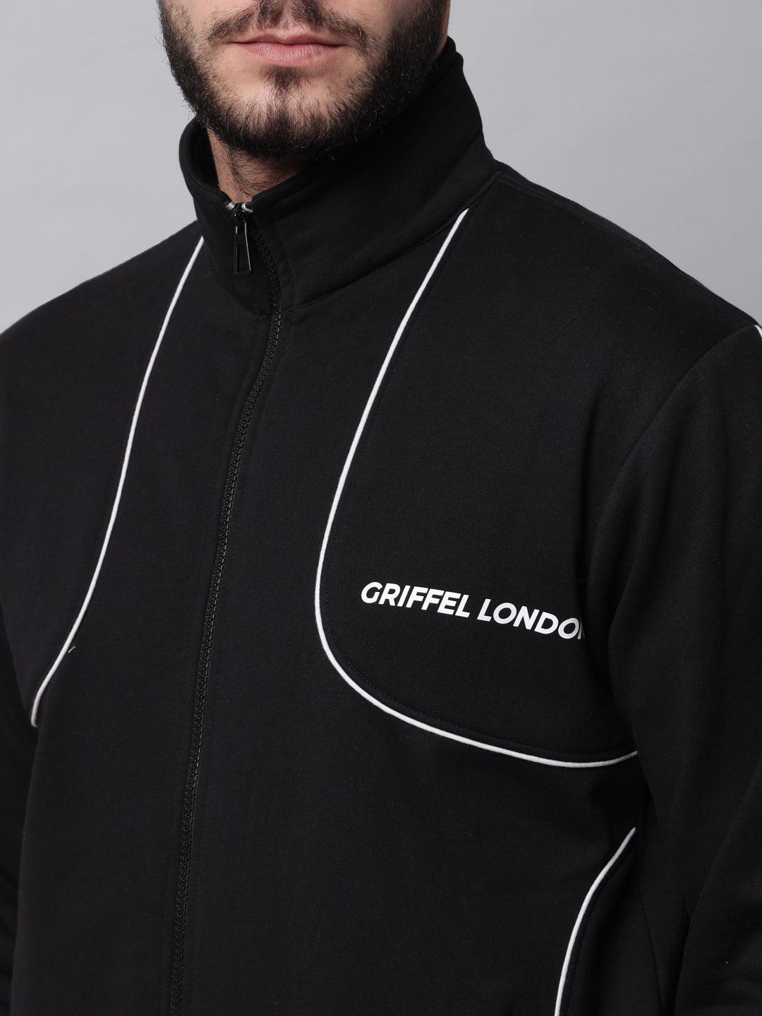 Griffel Men's Front Logo Fleece Zipper and Jogger Full set Black Tracksuit - griffel