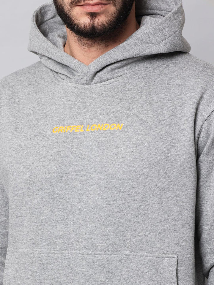 Griffel Men's Grey Cotton Front Logo Fleece Hoody Sweatshirt with Full Sleeve - griffel