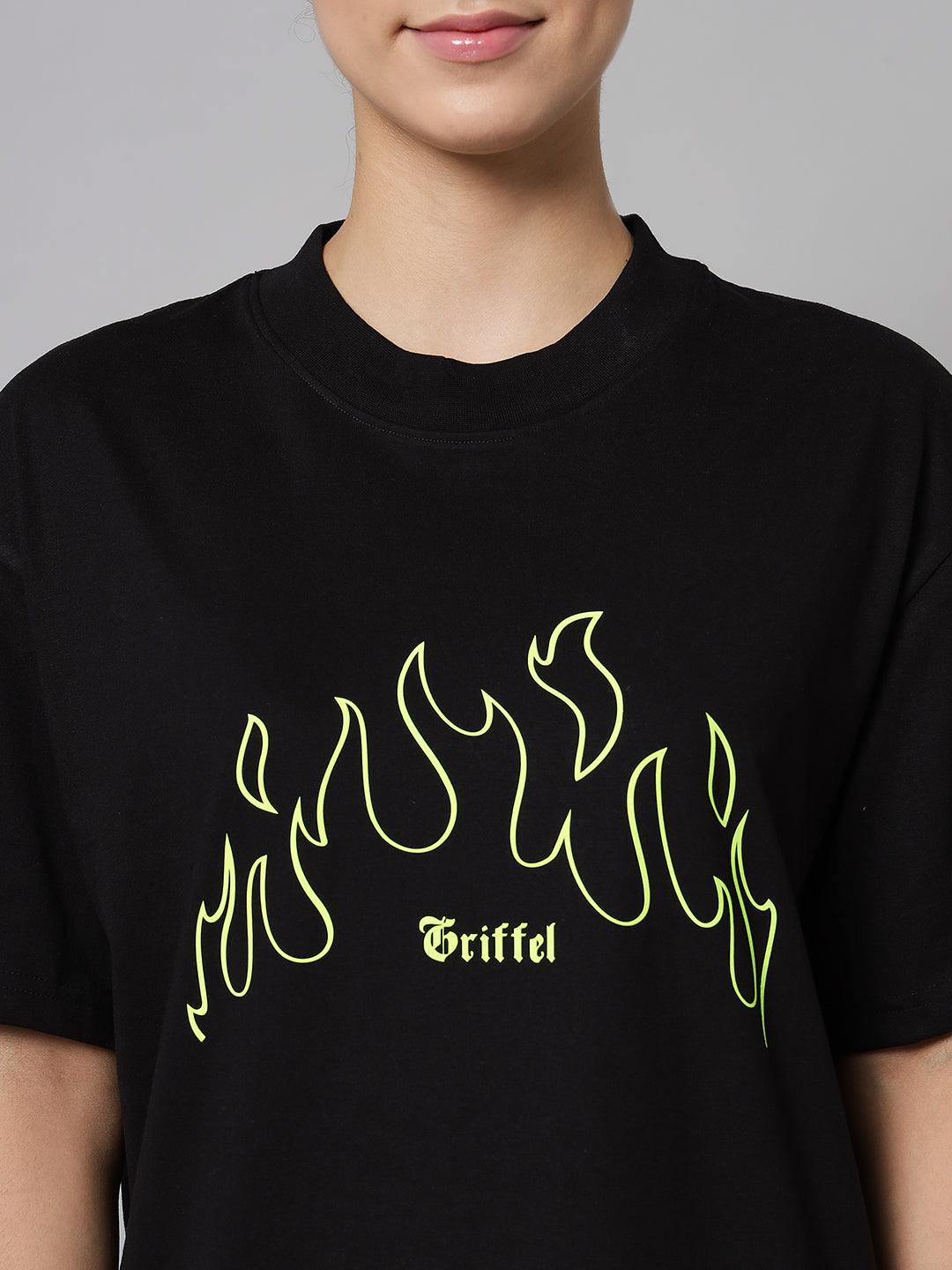 GRIFFEL Women Fire Print Loose fit Black T-shirt - griffel