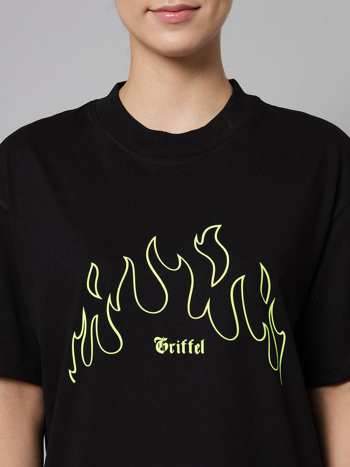 GRIFFEL Women Fire Print Loose fit Black T-shirt - griffel
