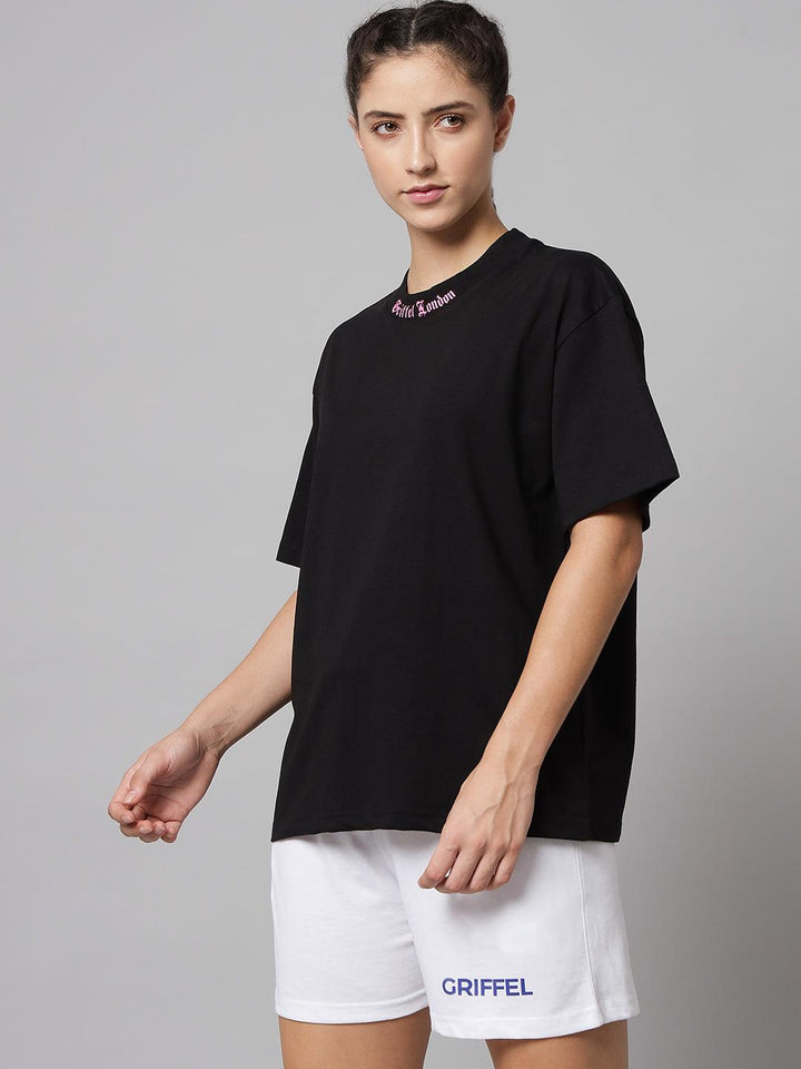 GRIFFEL Women Printed Loose fit Black T-shirt - griffel