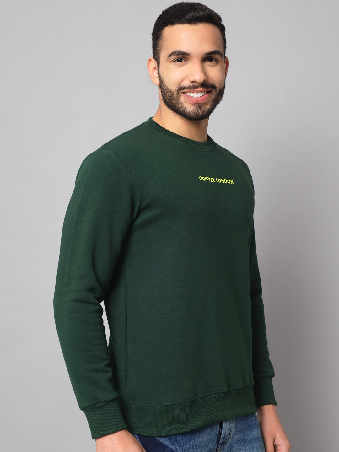 Griffel Men's Cotton Fleece Round Neck Green Sweatshirt with Full Sleeve and Front Logo Print - griffel
