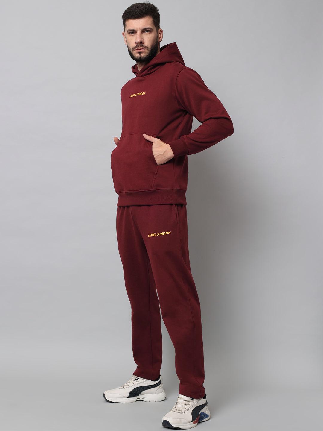 Griffel Men's Front Logo Solid Fleece Basic Hoodie and Joggers Full set Maroon Tracksuit - griffel