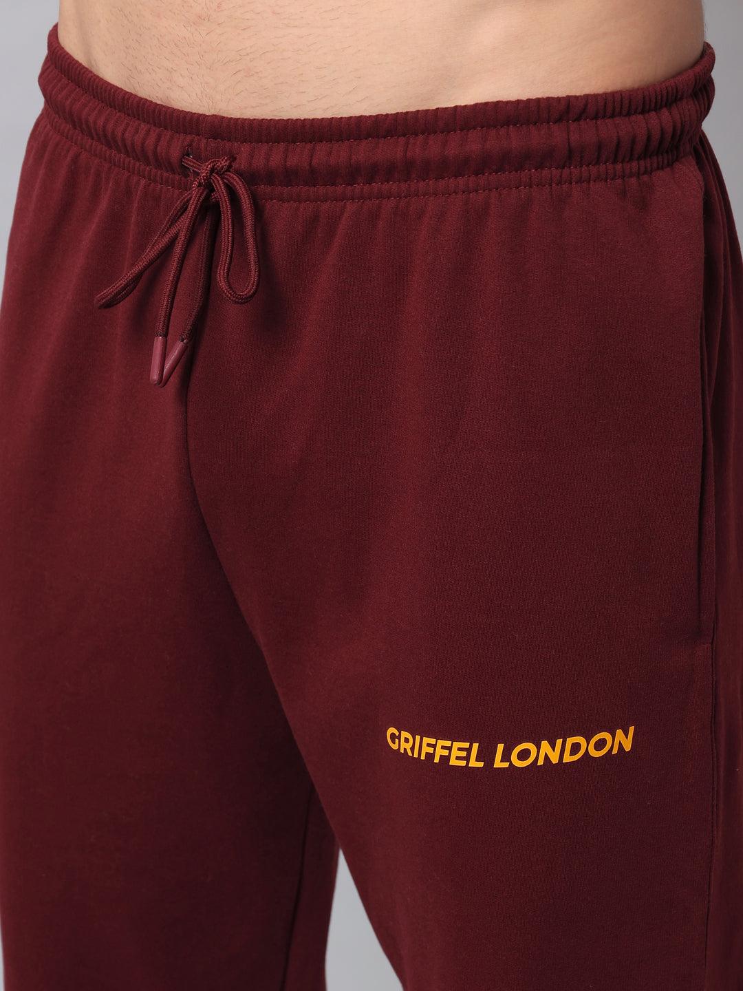 Griffel Men's Front Logo Solid Fleece Basic R-Neck Sweatshirt and Joggers Full set Maroon Tracksuit - griffel