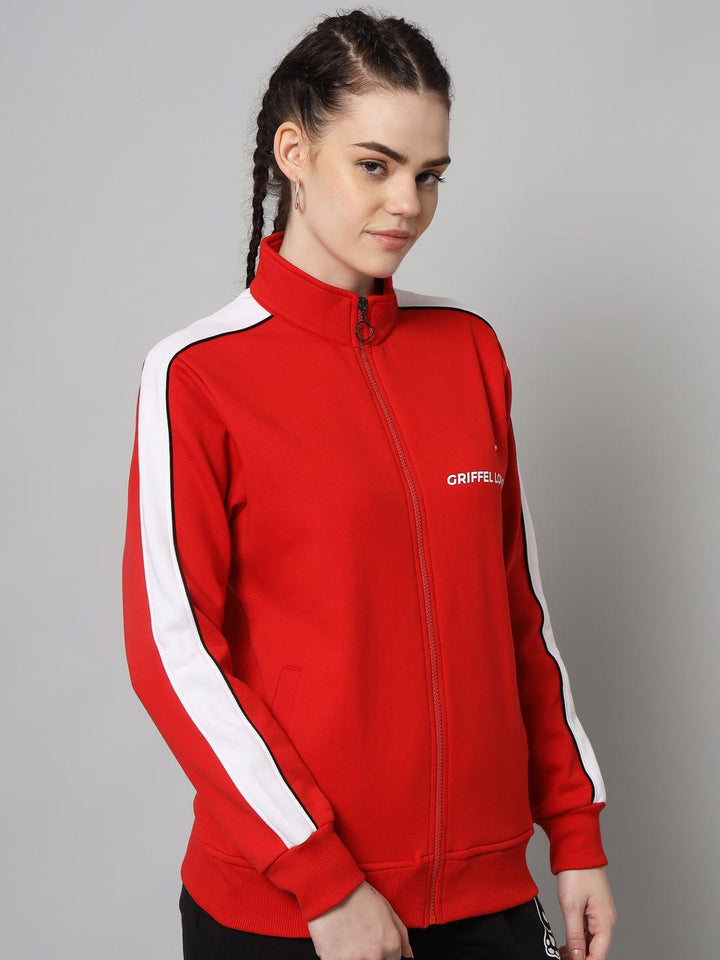Griffel Women’s Cotton Fleece Full Sleeve Red Zipper Color Blocked Sweatshirt - griffel