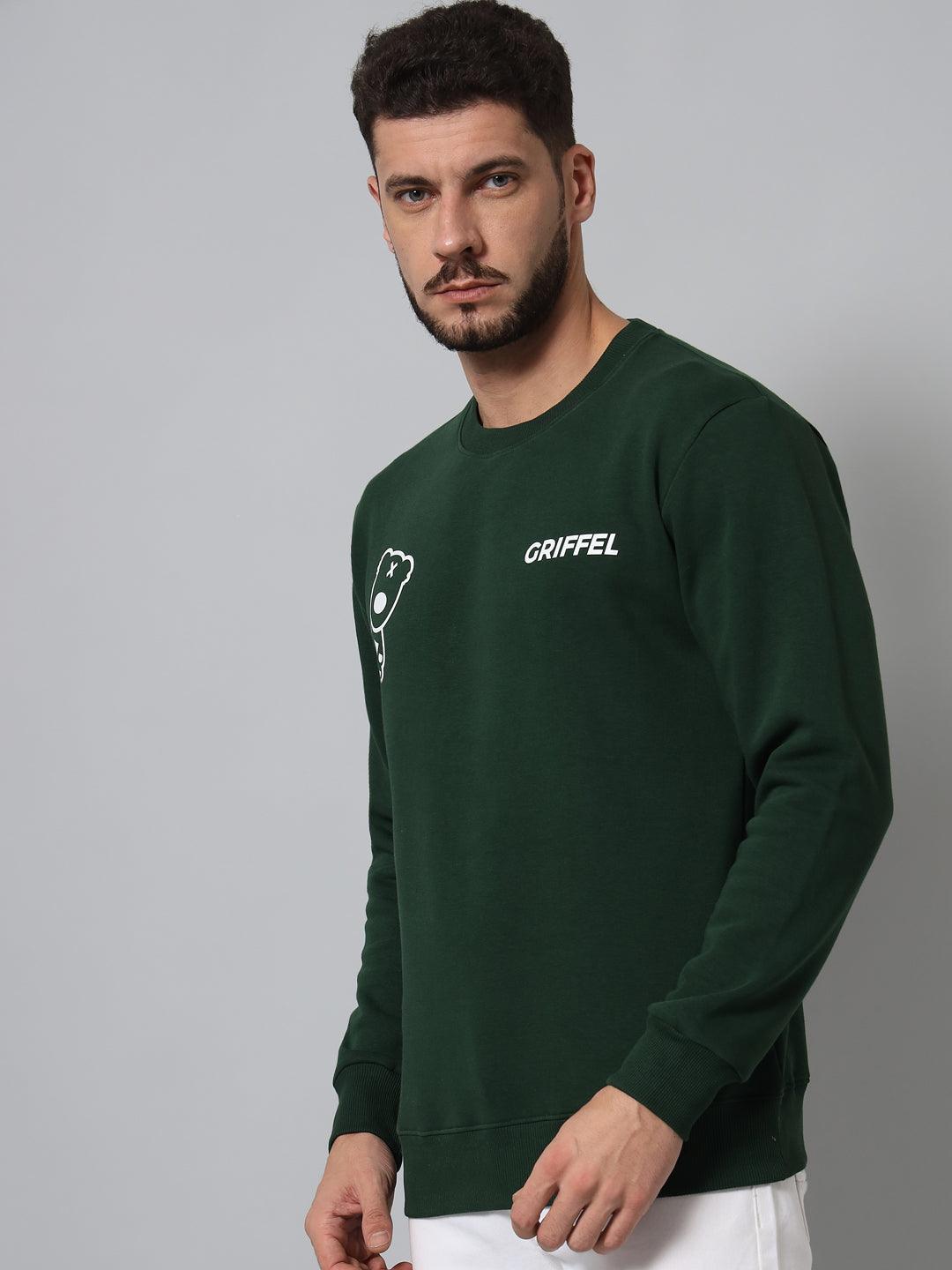 Griffel Men's Cotton Fleece Round Neck Printed Green Sweatshirt with Full Sleeve and Front Logo Print - griffel