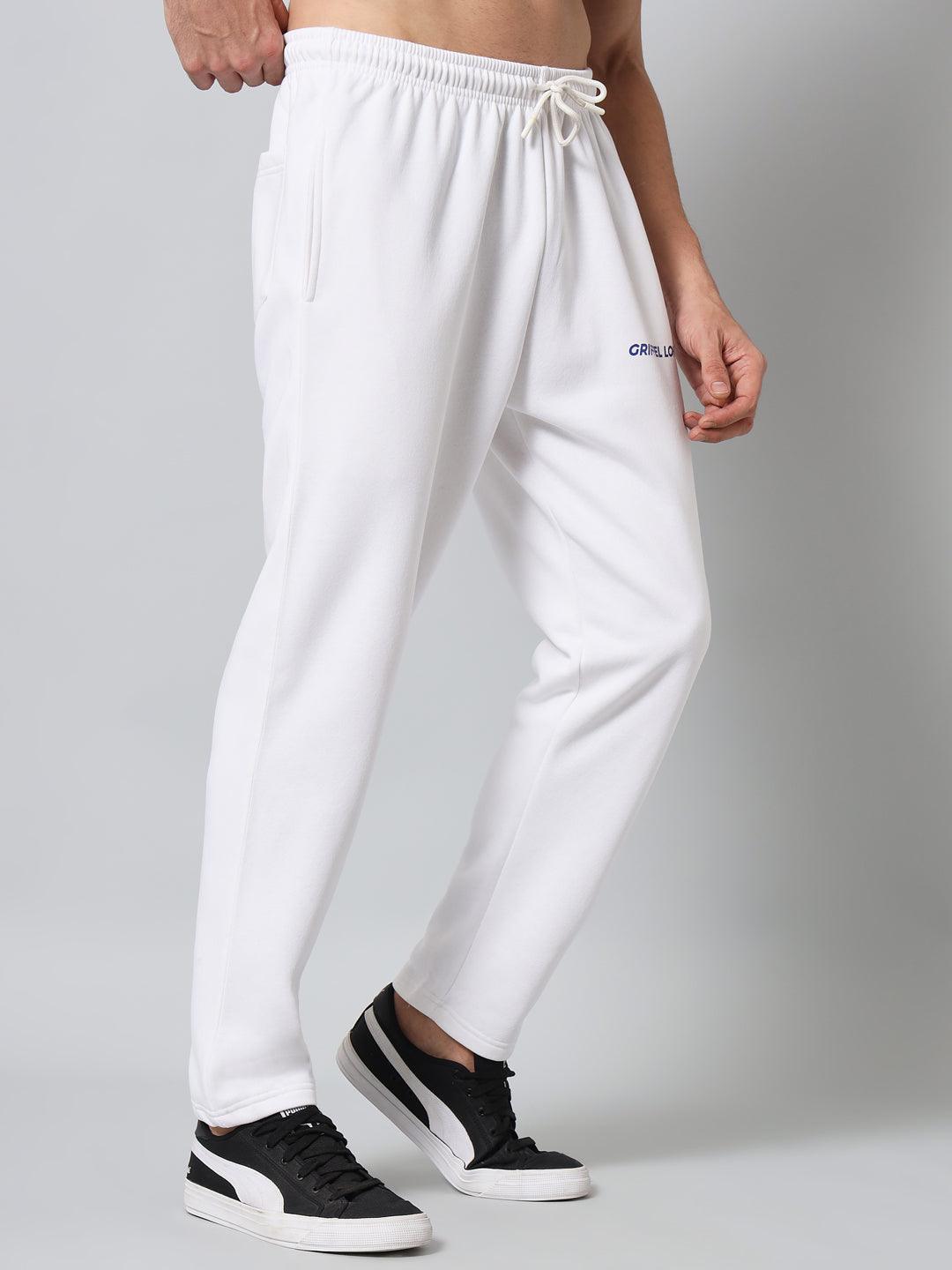 GRIFFEL Men Fleece Basic Solid Front Logo White Trackpants - griffel