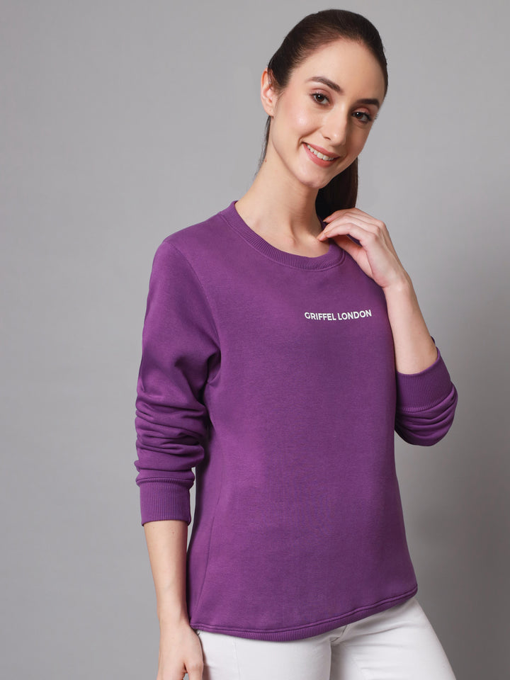 Griffel Women’s Printed Round Neck Dark Purple Cotton Fleece Full Sleeve Sweatshirt - griffel