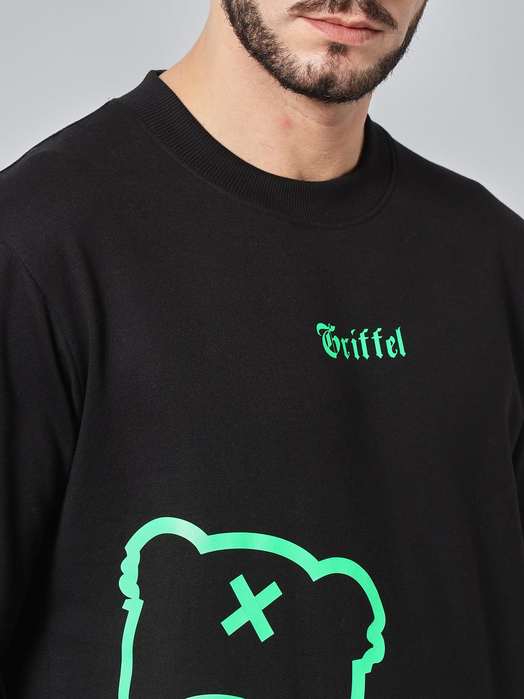 Griffel Men's Cotton Fleece Round Neck Black Green Sweatshirt with Full Sleeve and Teddy Logo Print - griffel