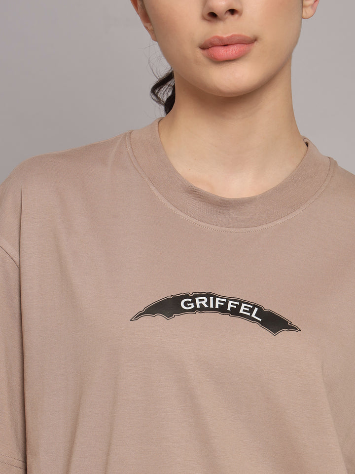 GRIFFEL Women Printed Loose fit Brown T-shirt - griffel