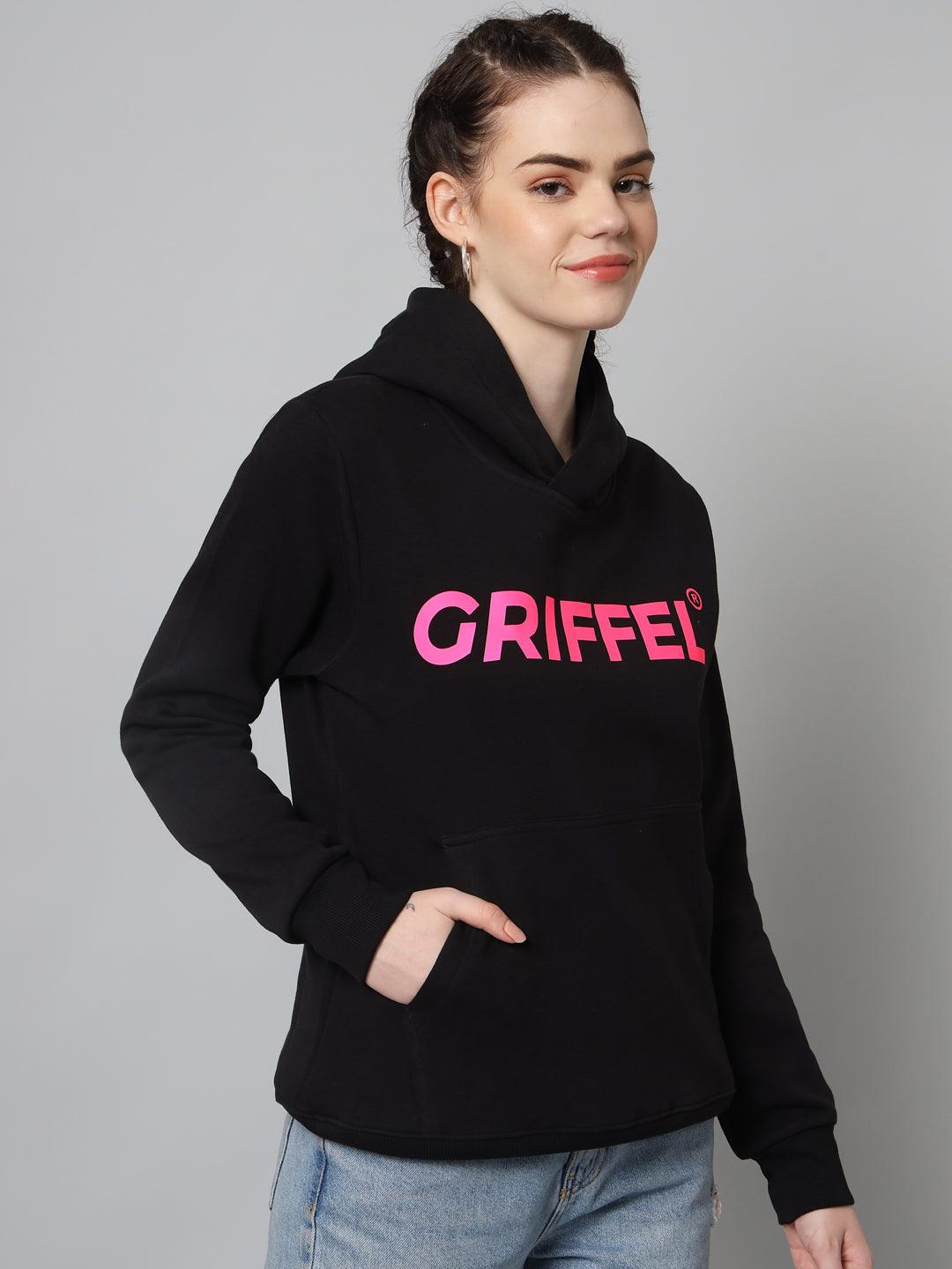 Griffel Women’s Cotton Fleece Full Sleeve Hoodie Black Printed Sweatshirt - griffel
