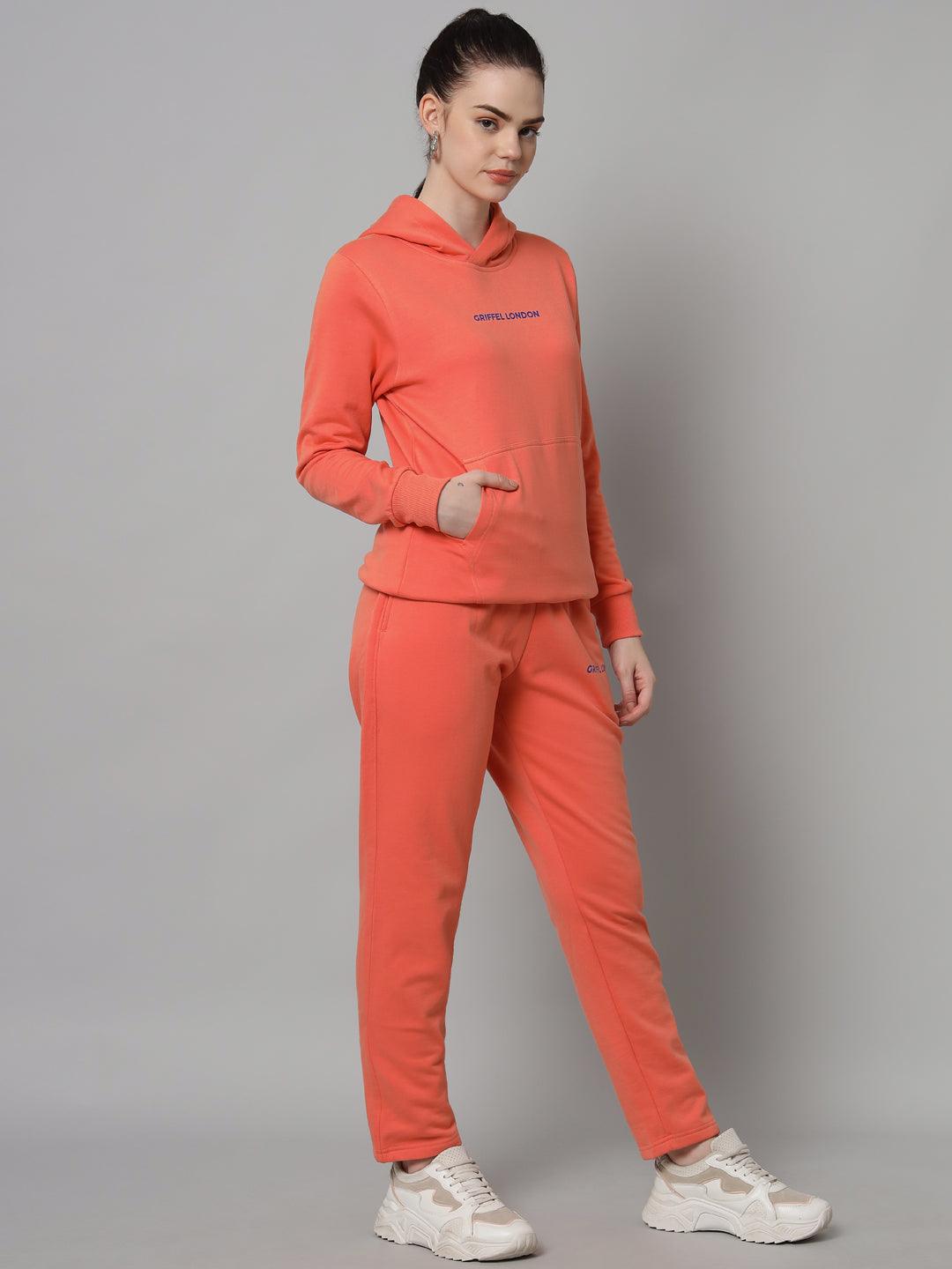 Griffel Women Solid Fleece Basic Hoodie and Joggers Full set Peach Tracksuit - griffel