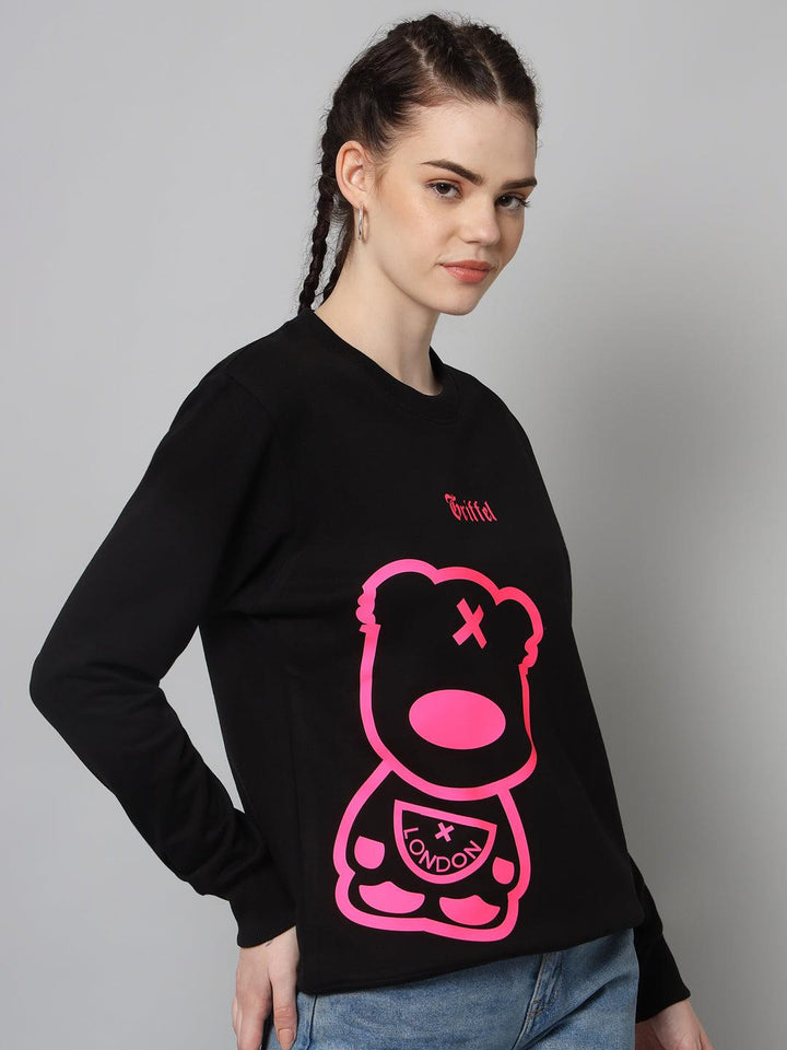 Griffel Women’s Teddy Print Round Neck Pink Black Cotton Fleece Full Sleeve Sweatshirt - griffel