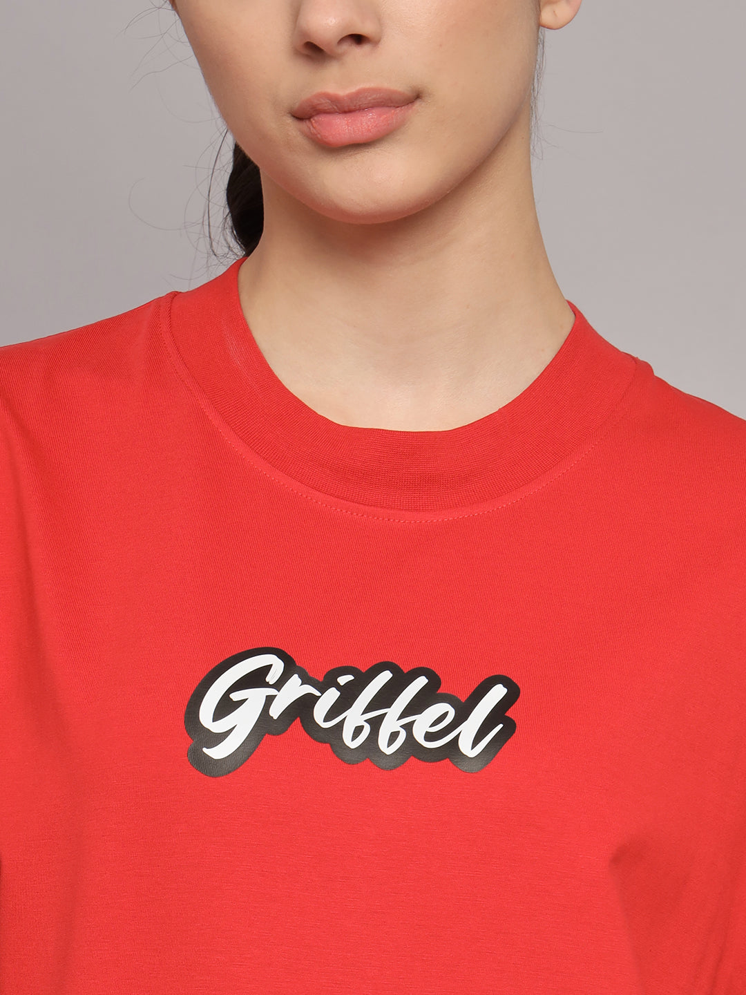 GRIFFEL Women Printed Oversized Loose fit Red T-shirt and Trackpant Set - griffel