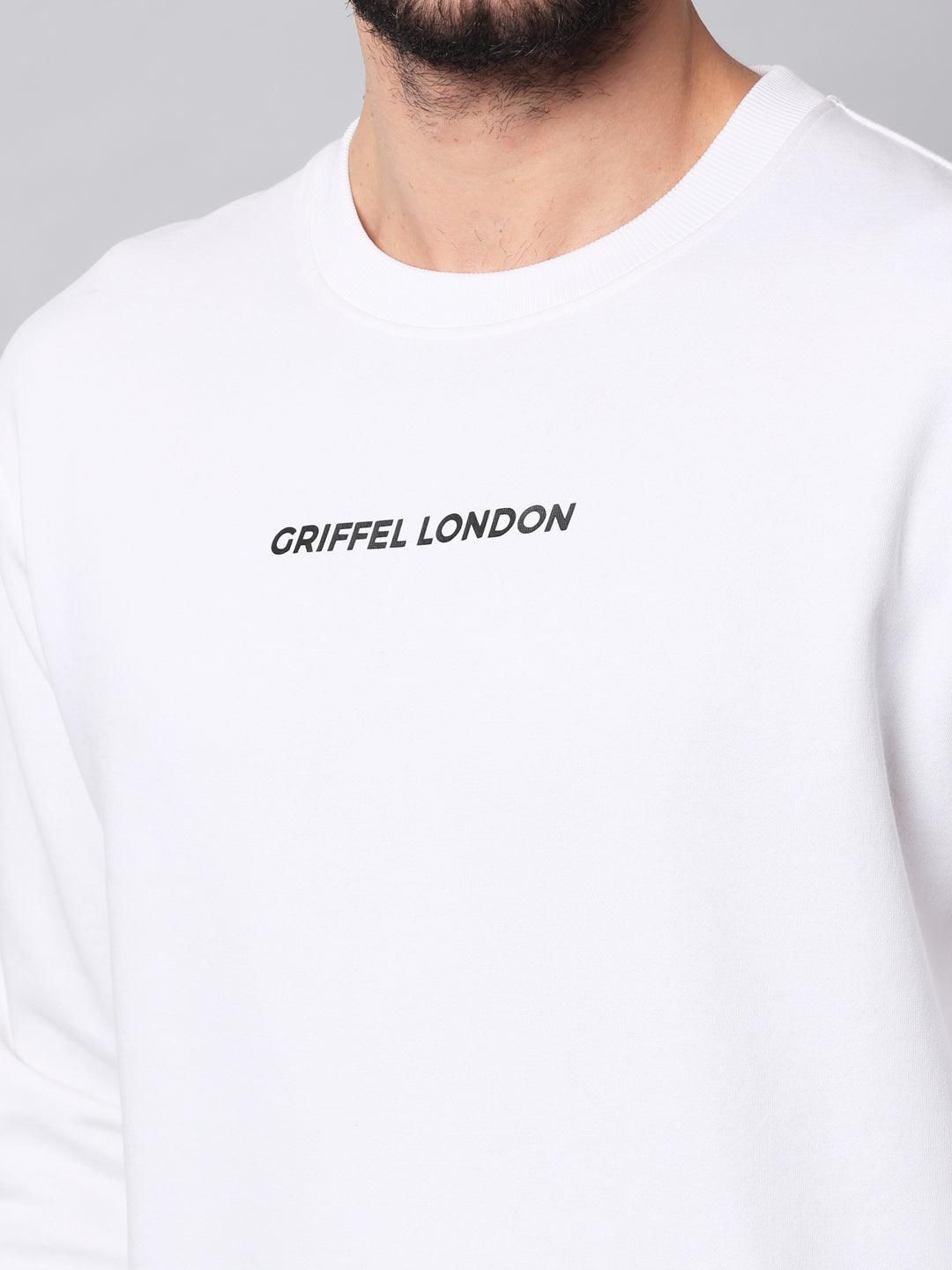 Griffel Men's Cotton Fleece Round Neck White Sweatshirt with Full Sleeve and Front Logo Print - griffel