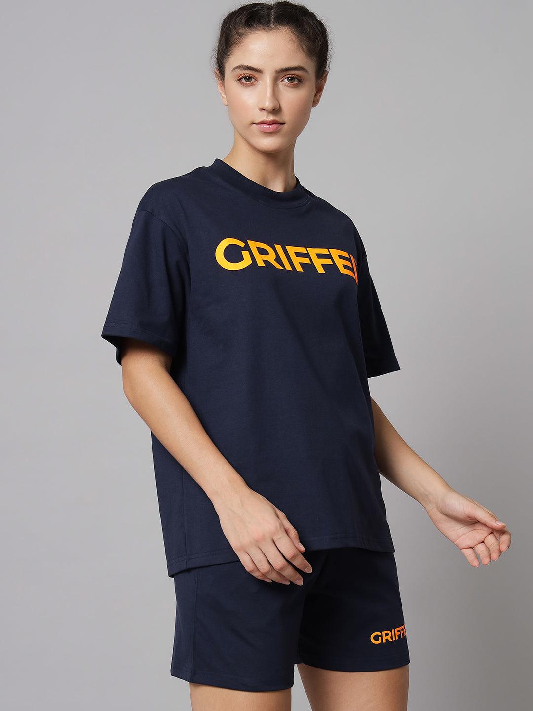 GRIFFEL Women Navy Printed Oversized Loose fit T-shirt and Short Set - griffel