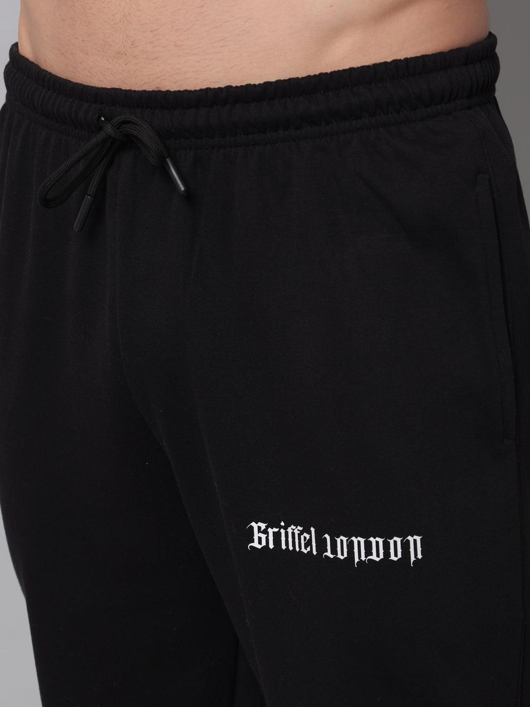GRIFFEL Men Fleece Basic Solid Front Logo Black Trackpants - griffel
