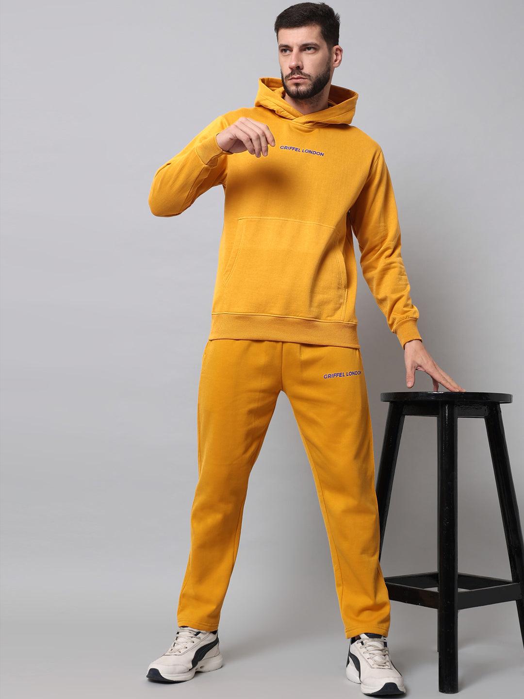 Griffel Men's Front Logo Solid Fleece Basic Hoodie and Joggers Full set Mustard Tracksuit - griffel