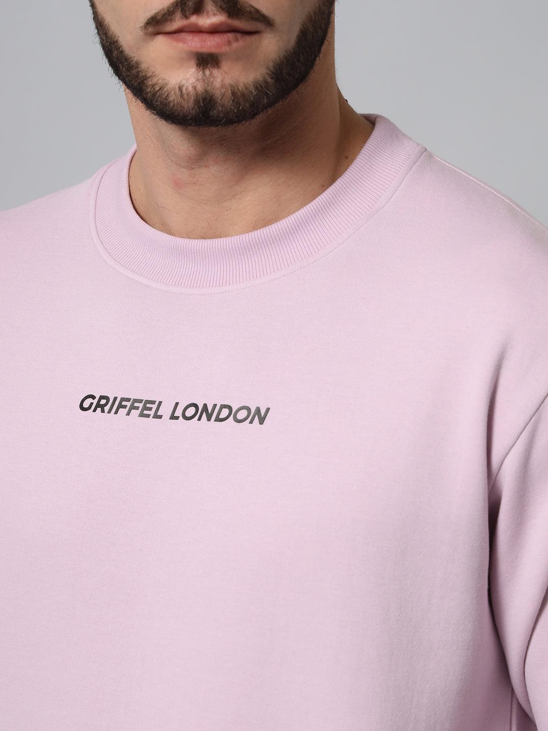 Griffel Men's Cotton Fleece Round Neck Light Purple Sweatshirt with Full Sleeve and Front Logo Print - griffel