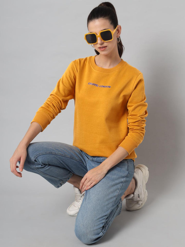 Griffel Women’s Printed Round Neck Mustard Cotton Fleece Full Sleeve Sweatshirt - griffel