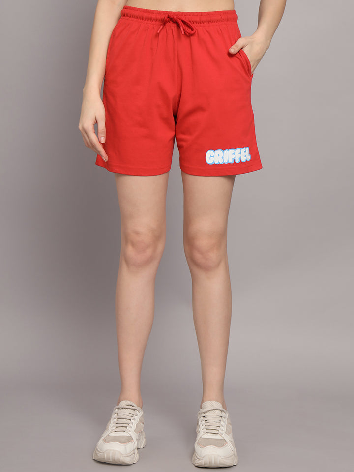 GRIFFEL Women Printed Loose fit Red T-shirt and Short Set - griffel