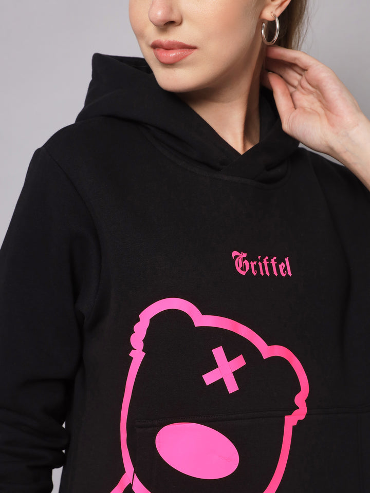 Griffel Women’s Cotton Fleece Full Sleeve Black Teddy Hoodie Sweatshirt - griffel