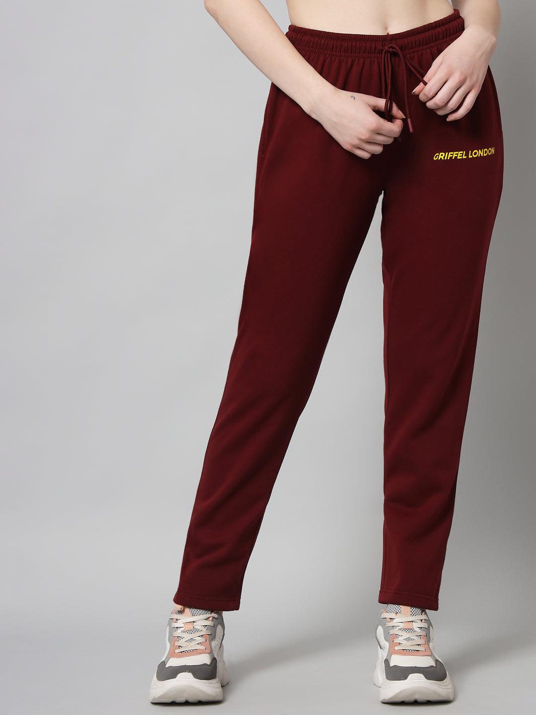 Griffel Women Solid Fleece Basic Round Neck Sweatshirt and Joggers Full set Maroon Tracksuit - griffel