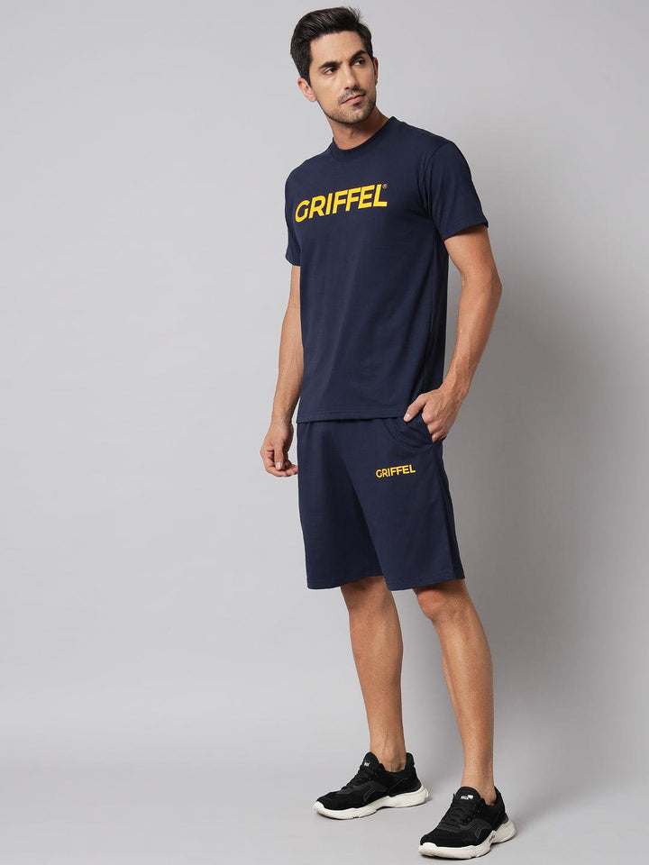 GRIFFEL Men Printed Navy Regular fit T-shirt and Short Set - griffel