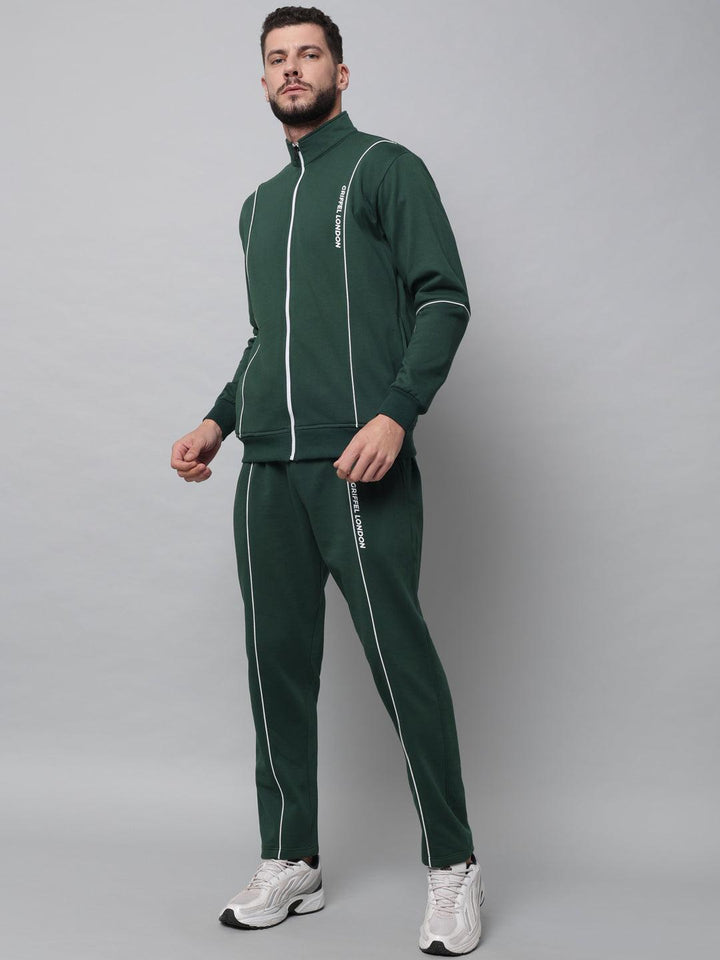 Griffel Men's Color Blocked Front Logo Fleece Zipper and Jogger Full set Bottle Green Tracksuit - griffel