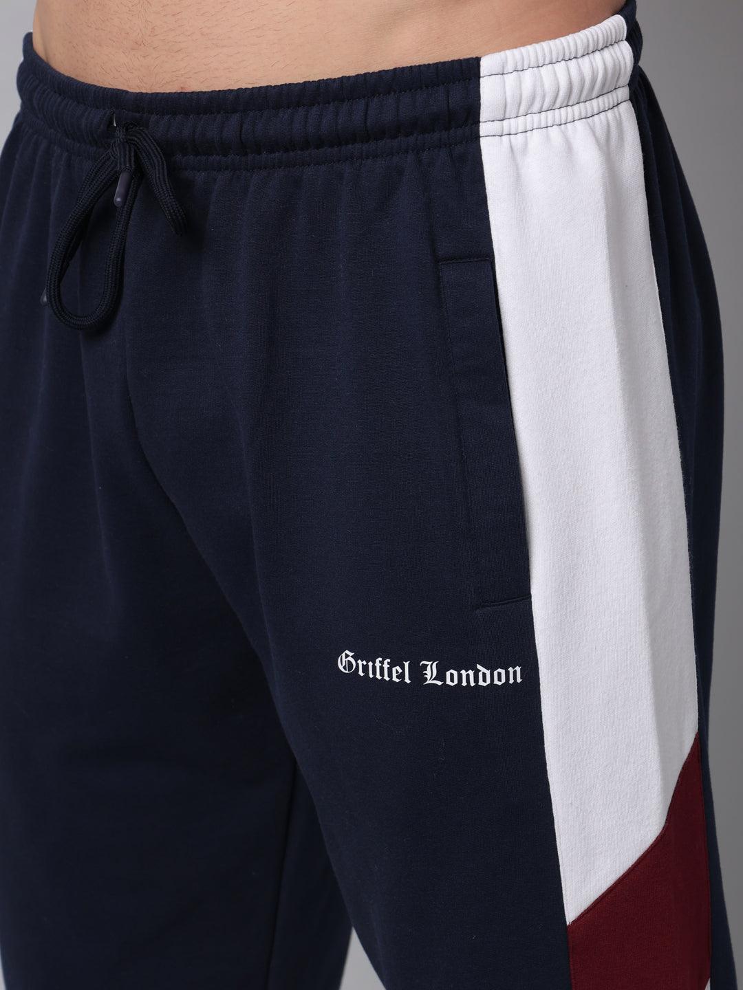 GRIFFEL Men Fleece Basic Solid Front Logo Navy Trackpants - griffel