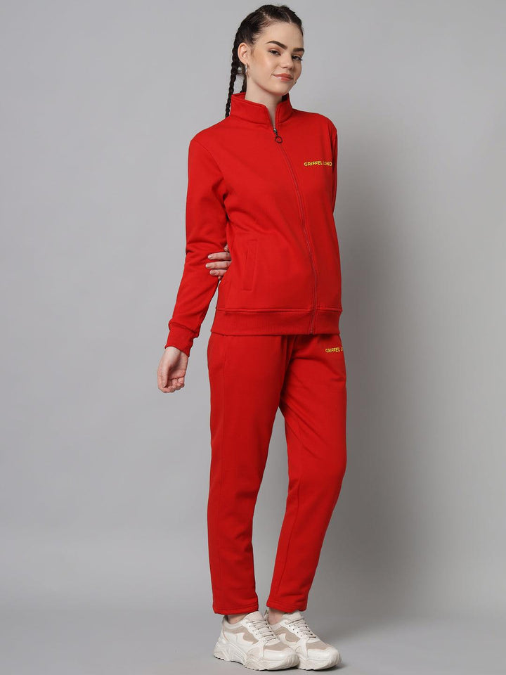 Griffel Women Solid Fleece Zipper Neck Sweatshirt and Joggers Full set Red Tracksuit - griffel